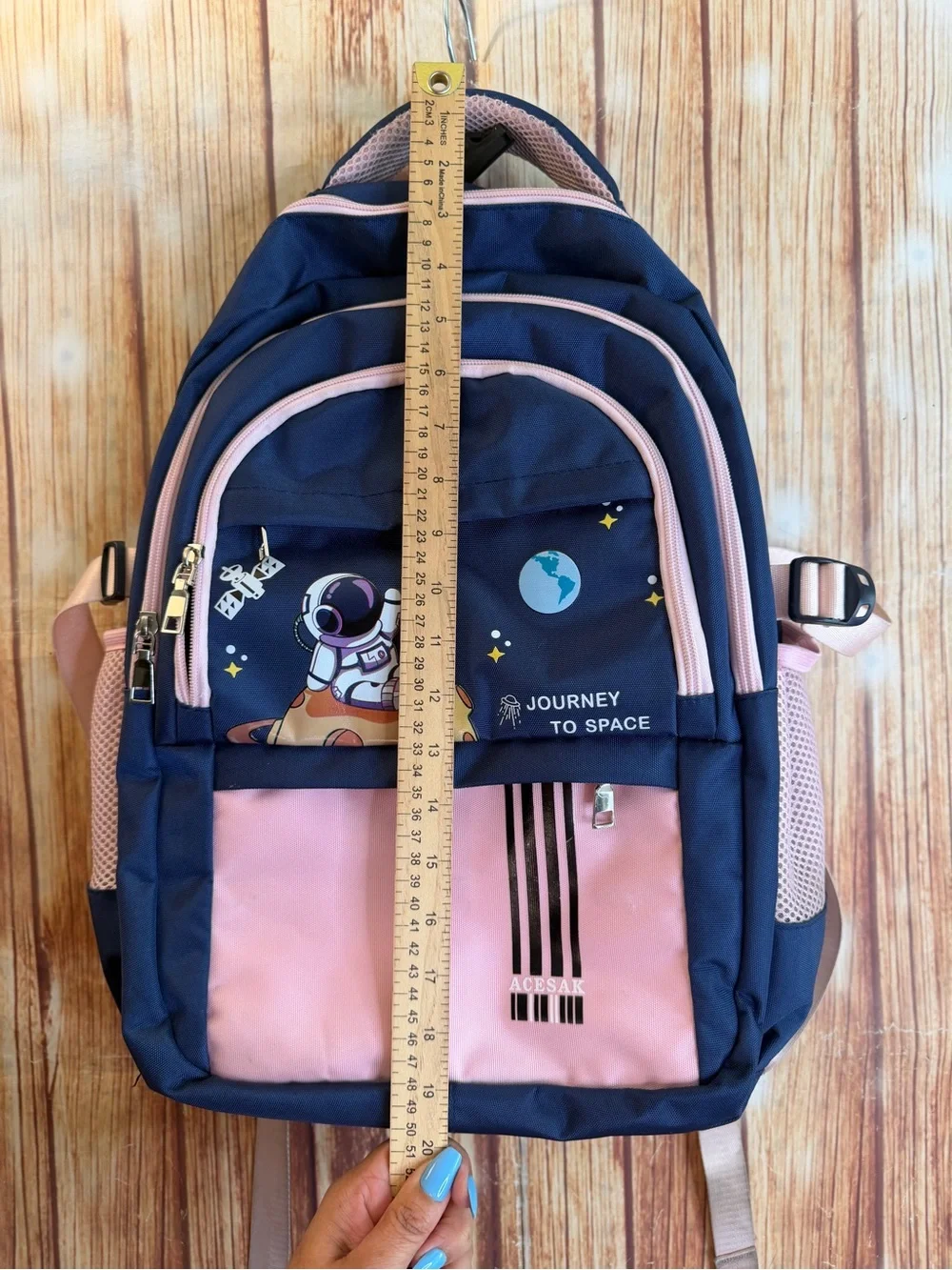 Kids Space Astronaut Backpack Navy Blue Pink USB Port School Travel Bag